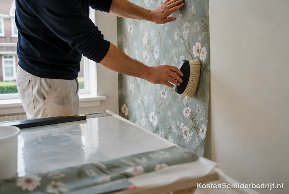 Behanger plakt een baan behang