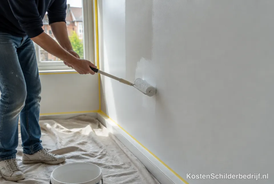 Schilder verft een muur in de woonkamer